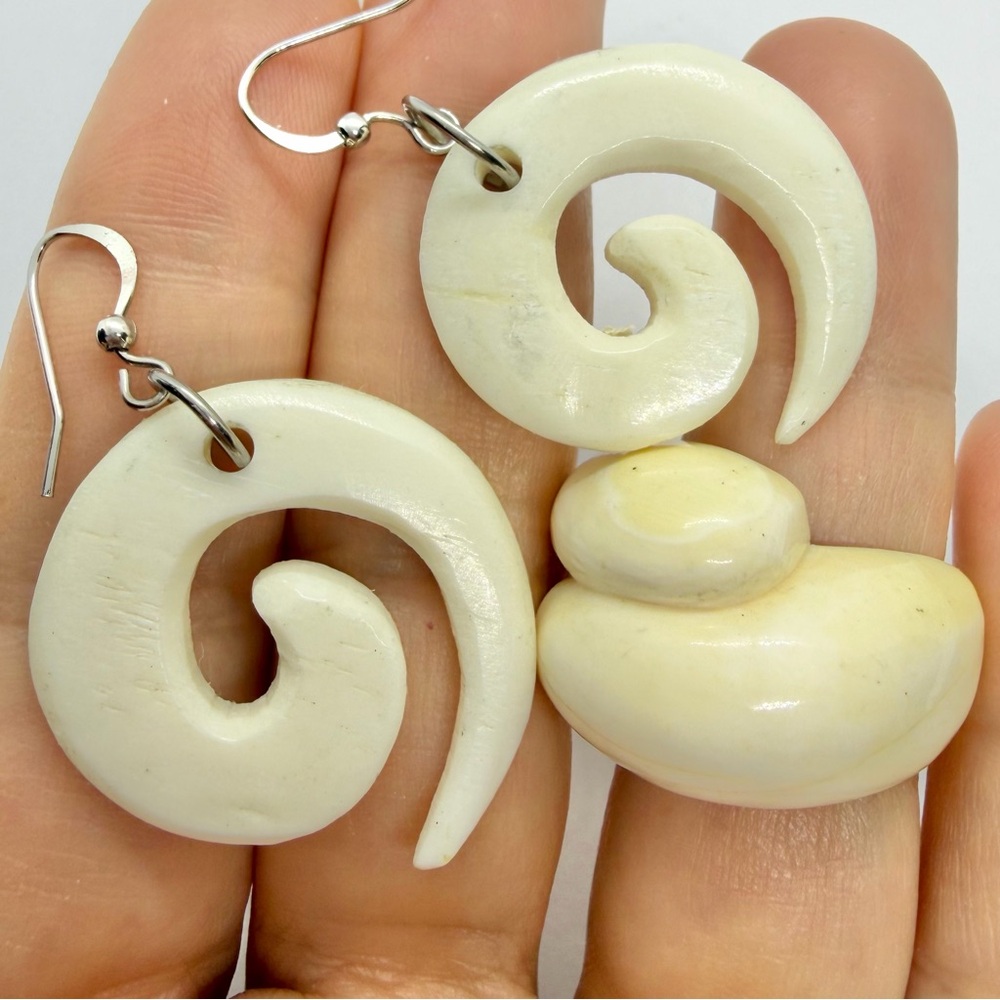 Hand-carved bone modernist spiral earrings ring jewelry set